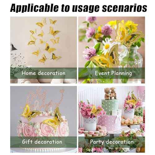 12 Pcs 3 Layers Wing Butterfly Wall Decor Gold 3D Hollow Stickers for Home Bedroom Cake Party Baby Shower Birthday Decorations