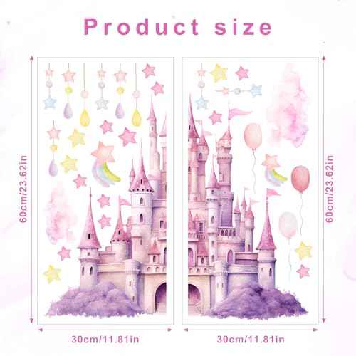 2 Sheets Princess Wall Decals, Pink Purple Princess Wall Stickers for Girls Room Large Peel and Stick Castle Mural Art Fairy Tale Stars Clouds Removable Wallpaper for Kids Nursery Bedroom