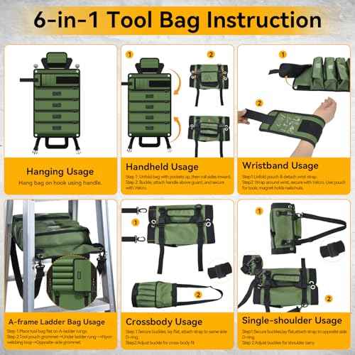 Roll Up Tool Bag Organizer 10 Pocket Tool Roll Heavy Duty Electrician Tool Bag for Men Dad Handyman Magnetic Wristband Mechanic Tool Storage Bag Rollup Pouch Car Tool Carrier Plumber Gadget Bag Green