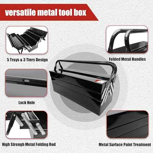 Metal Cantilever Tool Box, 21" Fold Out Steel Tool Box with Handle 3-Tier 5 Tray, Portable Metal Tool Storage Box Organizers for Home Studio Auto Repair Factory