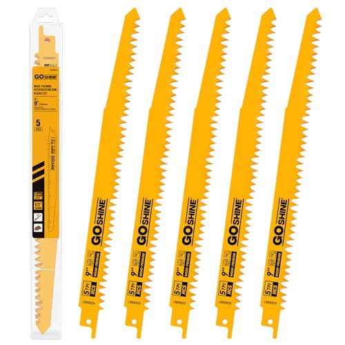 Goshine 9 Inch 5 TPI Wood Pruning Reciprocating Saw Blades, 5 Pack, Next-Gen High Carbon Steel Dual-Angle Teeth Sawzall Blades for Faster Cutting, Durable & Long-Lasting for Wood and PVC