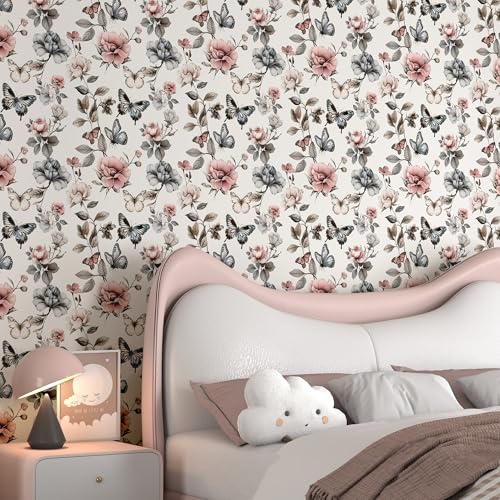 Floral Wallpaper Peel and Stick Wallpaper 17.3"x78.8" Boho Contact Paper for Cabinets and Drawers Colorful Self Adhesive Removable Wall Paper for Bedroom Butterfly Flower Wallpapers Vinyl Roll