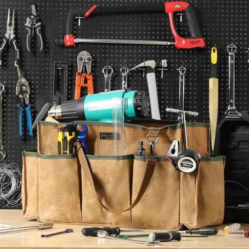 Tool Tote, Heavy Duty Waxed Canvas Wide Mouth Tool Pouch, Muti-Purpose Tool Bag with Adjustable Shoulder Strap (15 X 9.8 X 7.8 inch) | Khaki