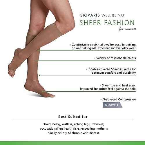 SIGVARIS Women's Sheer Fashion Open Toe Calf Height - 15-20mmHg Weight Compression Hose - Lightweight & Breathable in Soft Stretch Fabric for Comfortable Everyday Wear