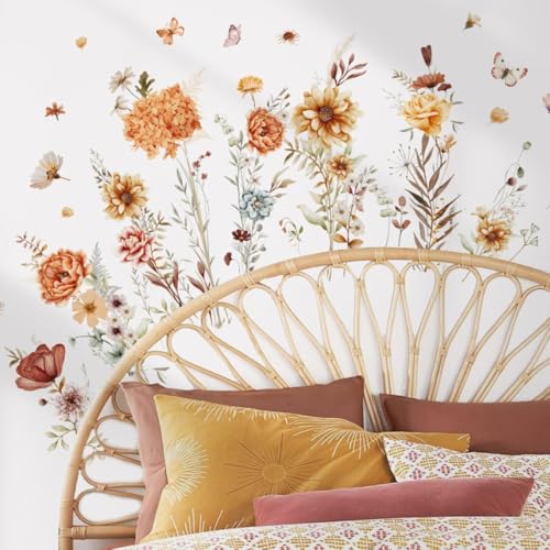 Boho Wall Decor Stickers Floral Wallpaper Peel and Stick Pretty Flowers Butterfly Wall Decals for Living Room Baby Kids Nursery Girls Bedroom Wall Decoration