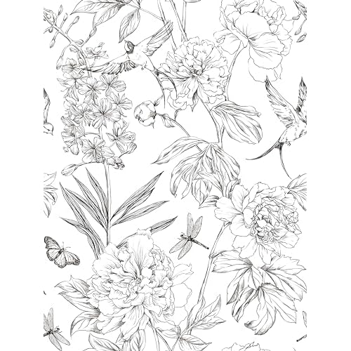 Jiffdiff White and Black Wallpaper Peel and Stick Sketched Peony Floral, Waterproof Removable Self Adhesive Wall Paper with Botanical, Bird and Butterfly for Bedroom and Bathroom 120"X17.3"(14.4sq.ft)