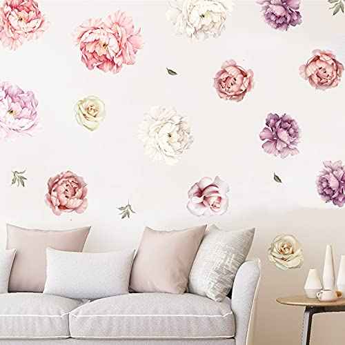 Large Floral Wall Decals, 15 Peonies Flower Set Stickers for Bedroom, Living Room, Nursery, Elegant Floral Decals for Home Decor, Boho Botanical Style