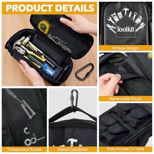 2 Pcs Heavy Duty Small Tool Bag Pouch Portable Utility Organizer Case with Zipper Handle and Ring Clip Storage Tool Bag for Men Motorcycle Road Bike Electricians