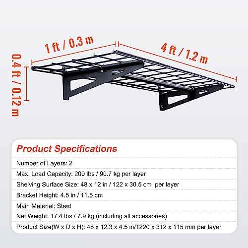 VEVOR Garage Shelving Wall Mounted, 1 x 4 ft Heavy Duty Shelves, 400 lbs Load Capacity Storage Rack Floating 2 Pack, Suitable for Shop, Shed, Storage, Black (LL1248)