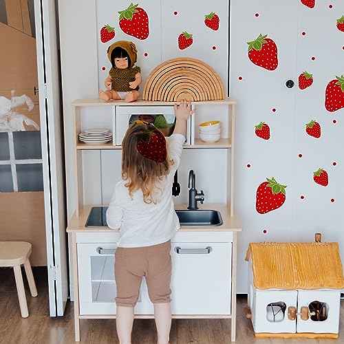 4 Sheets / 92pcs Strawberry Wall Decals, Removable Cute Fruit Wall Stickers for Girls Bedroom Dorm Dining Room Kitchen Bathroom Waterproof Decor