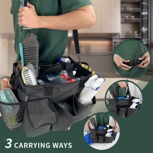 Large Cleaning Caddy Bag, Wearable Cleaning Supplies Organizer with Shoulder and Waist Straps, Multiple Compartments Organizer Tote with Detachable Divider for Cleaners (Black)