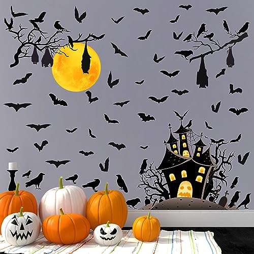 Halloween Moon Bat Wall Stickers Crow Tree Branch Decals Removable Large Halloween Castle House Bat Wall Stickers Peel and Stick Black Crows Raven Bats Decoration Party Supplies