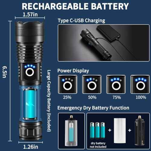 Flashlights High Lumens Rechargeable, 4Pack Rechargeable Flashlights, Super Bright Flashlight, 5Mode Tactical Flashlights High Lumens, LED Flashlight High Powered, Waterproof Flash Light LED