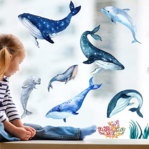 Giant 5 Sets Blue Whale Wall Decals and 2 Sets Jumping Blue Dolphin Wall Stickers Peel and Stick Wallpaper Wall Art Mural Decor for Kids Teens Bedroom Home Office Dorm Party Nursery
