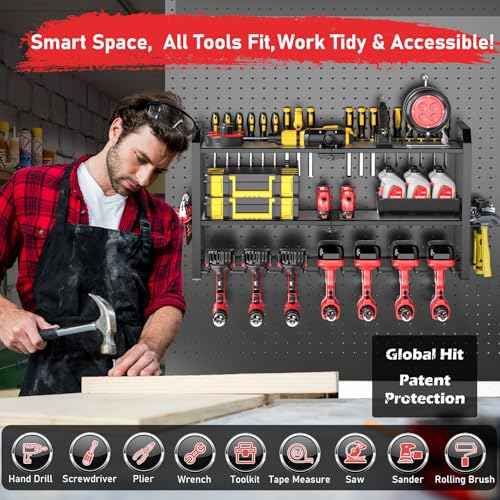 Power Tool Organizer Wall Mount, Upgraded 7 Drill Holder Wall Mount, Large 3-tier Cordless Tool Organizer & Storage Rack, Tool Shelf with Screwdriver/Plier/Hammer Holder, Men's Present (Black)