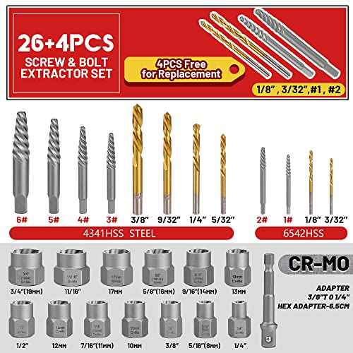 30 Pcs Spiral Screw Extractor Bolt Extractor Set, 6542/4341 HSS Left Hand Drill Bit Set, Stripped Bolt Remover Borken Bolt Extractor Kit for Removing Nuts Bolts with Solid Storage Case