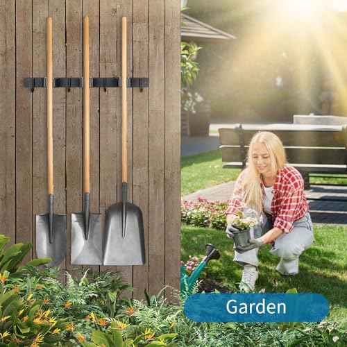 2 Pack Broom Hanger and Mop Holder, Heavy Duty Garden Tool Organizer Rack Rake and Shovel Handle, Stainless Steel Wall Mounted Utility Rack with Screws (5 Racks with 4 Hooks, Matte Black).