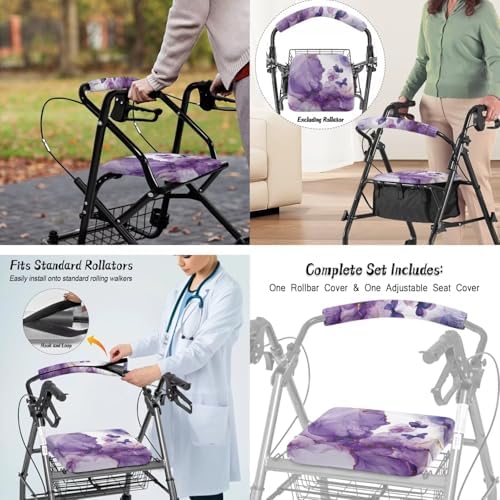 LedBack 3 Pcs Sets Rollator Walker Accessories Purple Marble Print Butterfly Walker Seat Cover Rollator Walker Seat & Backrest Covers, Rollator Storage Under Seat Bag