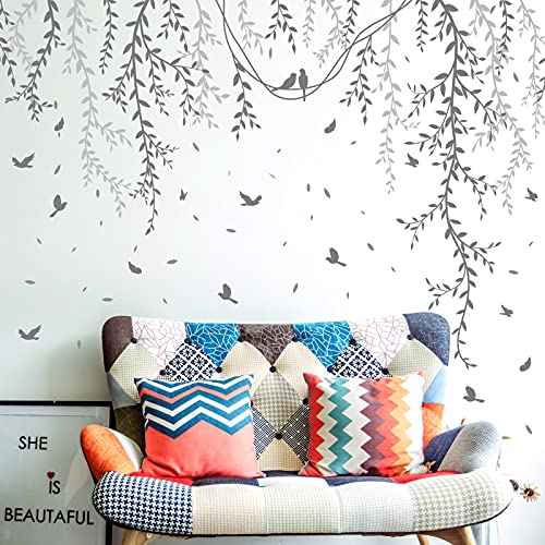 3D Removable Grey Vines Wall Stickers - Peel & Stick DIY Wall Decals with Flying Birds, Waterproof PVC Wall Decor for Kids Room, Bedroom, Living Room, Office (30x45cm x6, 89x164cm Coverage)