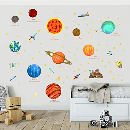 Planets in The Space Kids Wall Decals Space Wall Stickers Boy Bedroom Wall Stickers Peel and Stick Removable Wall Stickers for Kids Nursery Bedroom Living Room