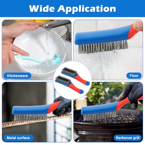 2 Pack Wire Brushes for Cleaning, 6.3inch Steel Wire Scratch Brush Heavy Duty Metal Wire Brush Cleaning Tool with Handle Grip(Blue+Red)