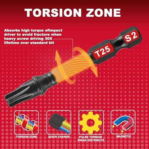 5Pieces T25 2 In. Impact Tough Magnetic Screwdriver Bit Set, #25 Torx Head Power Bits, S2 Alloy Steel Star Head T25
