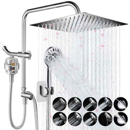 AMORIX Shower Head 12" Rain Shower Heads with Handheld Spray Adjustable Extension Arm with Low Diverter, Filtered Rainfall Shower Head High Pressure 10 Setting Hand Held Built-in Power Wash + 79" Hose