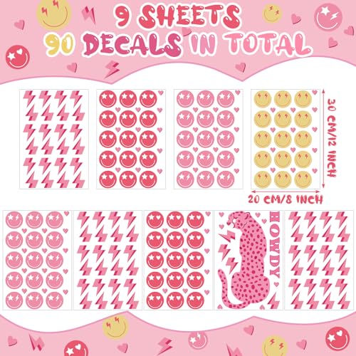 Kisston 9 Sheets Preppy Pink Wall Decal Hot Aesthetic Howdy Smile Face Lightning Vinyl Wall Decals Pink Cheetah Murals Decal for College Students Girls Dorm Bedroom Living Room Nursery Decoration