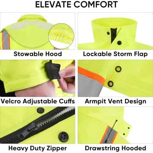 TICONN Reflective Rain Coat, Waterproof Hi Vis Safety Rain Jacket, Heavy Duty ANSI Class 3 High Visibility Trench Coat