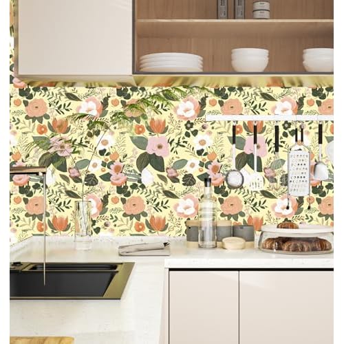 Danodoi Yellow Floral Peel and Stick Wallpaper Vintage Blue Contact Paper Pink Flower Wall Mural Home Vinyl Waterproof Self Adhesive Removable Renter Friendly Wall Paper 17.5" x 118"