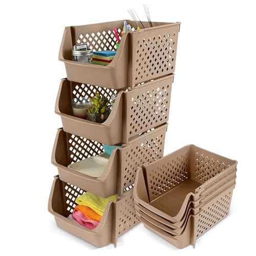 Plastic Stackable Storage Bins - 4pc Tan Closet Organizer Bins 28in Tall Big Plastic Boxes for Home and Kitchen