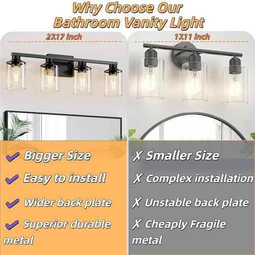 L LOHAS LED 4-Light Bathroom Vanity Lights Over Mirror, 27 Inch Black Bathroom Light Fixtures with Clear Glass Shade, Modern Vanity Lights for Living Room Hallway Bedroom