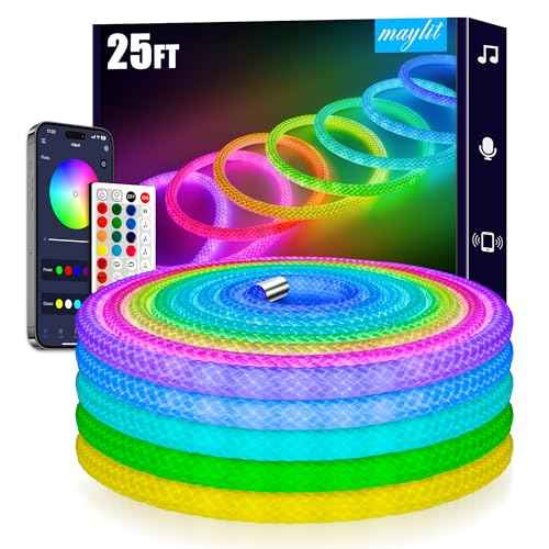 maylit 360 Degree Luminous Reticulate Weave Rope Lights, 25ft Addressable ICRGB LED Strip Lights, Music Sync, DIY Design, USB Powered Flexible LED Lights for Gaming Room Living Bedroom Wall Decor