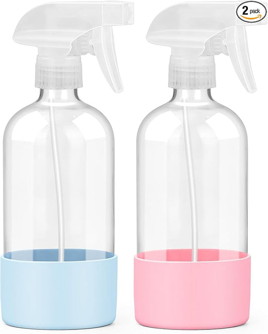 Worldgsb 2 Pack Glass Spray Bottles with Silicone Sleeve, 16 oz Empty Refillable Containers with Adjustable Spray Nozzles, Spray Bottles for Hair, Cleaning Solutions and Plants Blue&Pink