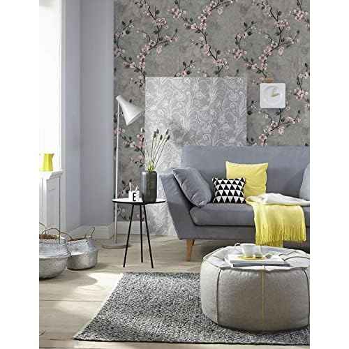 Floral Peel and Stick Wallpaper Grey Contact Paper Flower Waterproof Modern Wall Paper Decorative Removable Self Adhesive Wallpaper for Bedroom 17.7" x 118.1"