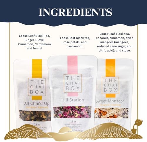 The Chai Box Loose Leaf Tea Gift Set - Featured in Oprah's Favorite Things | 3-Flavor Caffeinated Chai Tea Gift Box with Stainless Steel Steeper (3 Pack) | Small Batch Loose Leaf Tea with Whole, Premium Spices