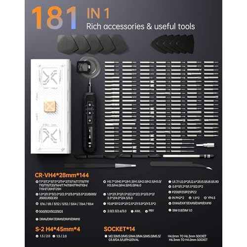 Electric Screwdriver Kit, 181 in 1 Mini Precision Screwdriver Set with 162 Magnetic Bits, 3 Torque Settings, 3.7V Cordless Power Screwdriver Repair Tool for Phone Camera Laptop Watch