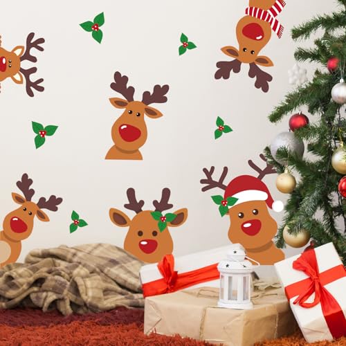 Christmas Wall Stickers Cute Reindeer Wall Decals Large Room Mural Stickers for Xmas Home Party Decor, 9.8 x 13.8 Inch, 4 Sheets