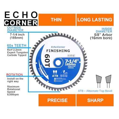 7-1/4-Inch Fine Finish Wood Cutting Ciruclar Saw Blade, ATB 60T, 5/8" Arbor