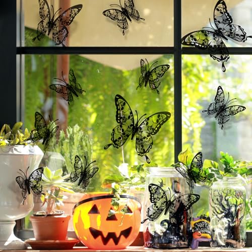 12Pcs Halloween Wall Decor 3D Self-Adhesive Skull Butterfly Wall Stickers Double Layer Black Skeleton Butterflies Designs Gothic Wall Decorations for Indoor Outdoor Halloween Party Atmosphere Supplies