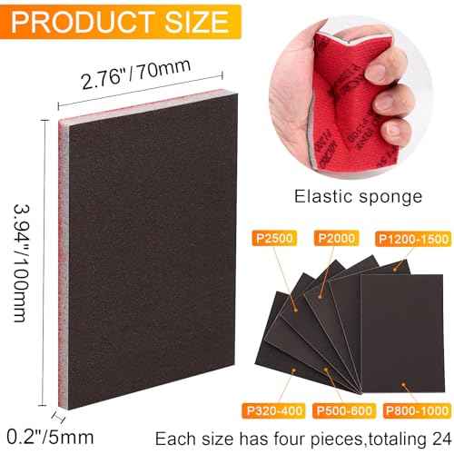 24 Pcs 320-2500 Grit Sanding Sponge Set, Ultra Fine Foam Sanding Pads, Wet Sanding Paper, Sanding Sponges for Wood, Drywall Sanding Sponge, Soft Foam Sand Block for Model, Metal, Furniture Polishing