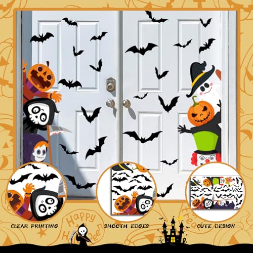 47 x 44 Inch Halloween Door Decals Cute Pumpkin Demon Expression Ghost Sticker Funny Halloween Decals for Window Wall Indoor Outdoor Party Decoration