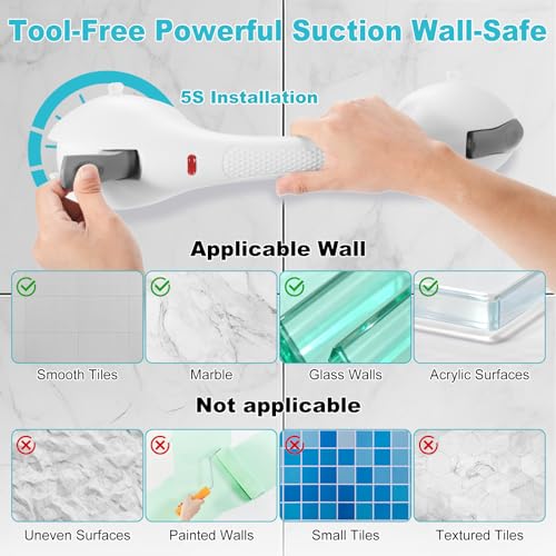 Indicator Grab Bars for Bathtubs and Showers, No-Tool Installation Removable Suction Cup Handrails ? Ideal Bathroom Safety for Seniors, Pregnant Women, and Disabled, White and Gray (2-Pack)