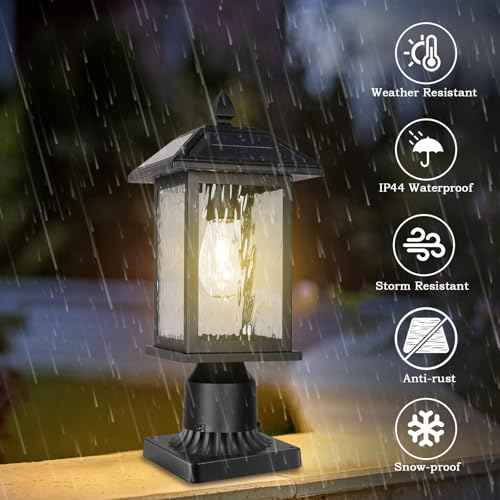 Solar Outdoor Post Light Fixture£¬Dusk to Dawn Modern Exterior Pillar Lantern with Black Finish & Water Ripple Glass£¬Waterproof Outside Pole Light for Garden, Backyard, Courtyard