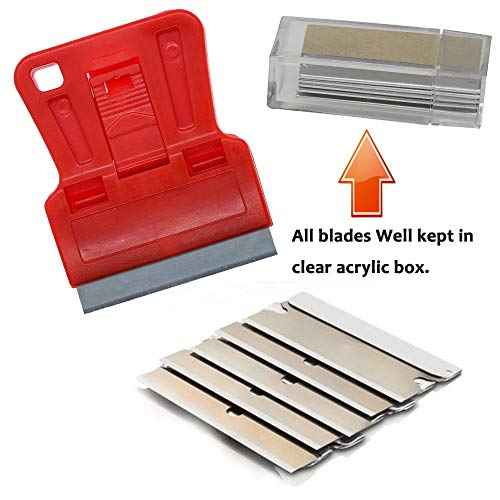 Plastic Razor Blade Scraper Hand Held Window Vinyl Tint Scraper with Protective Cover Mini Razor Blade Red Scraper, Metal Razor Blades Plastic Scraper Blades Removal Scraping Tool Kit