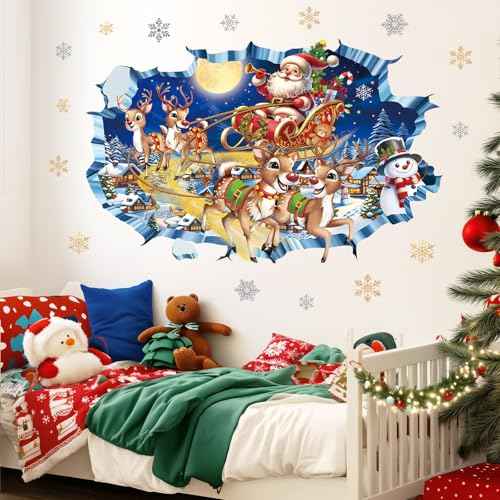 decalmile 3D Christmas Santa Claus & Reindeer Wall Decals, Multicolor, Waterproof, PVC, Perfect for Walls, Windows, Tiles, Furniture, Mirrors & Refrigerators