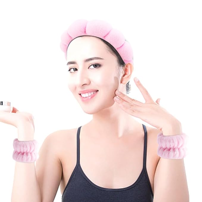 SPA Headbands for Washing Face Makeup Headbands with Bow Hair Band Women Facial Head Band Wrist Towel Wraps For Shower Face Mask Black Pink, 6 Pack