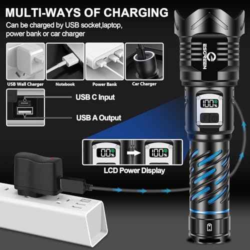 Esgreen Super Bright Rechargeable Flashlights High Brightness 3000 Lumens, Powerful Long Range LED Strong Big Flash Lights, Long Lasting USB C, LCD Digital Display, 5 Modes, Double Switches
