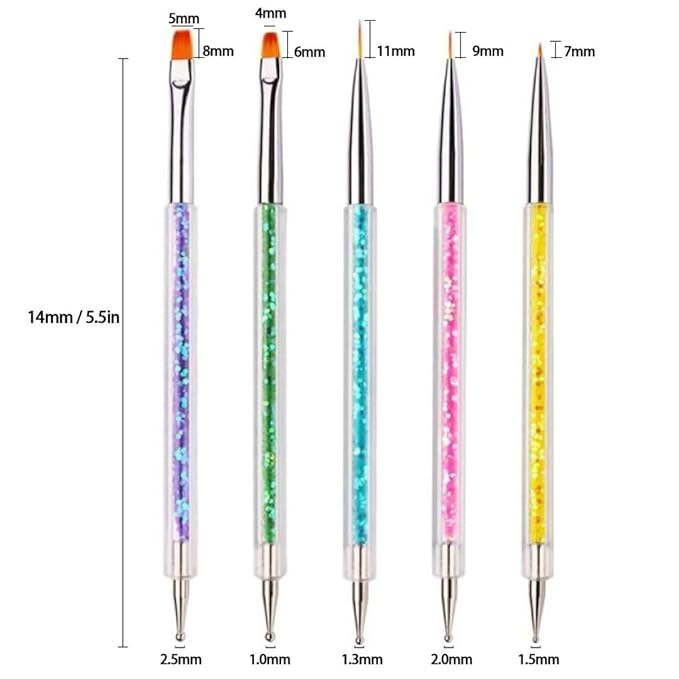 AIBEE Nail Art Brushes, 5pcs Double-Ended Acrylic Nail Brush Including 7/9/11mm Nail Liner Brush Flat Brushes and Nail Dotting Tools for Nail Art Design