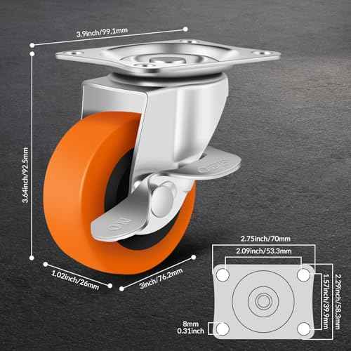 Caster Wheels, 3 Inch Casters Set of 16, Heavy Duty Casters with Brake, Locking Castors with Polyurethane Wheel£¬Plate Swivel Castor Wheels for Furniture Carts,Workbench Caster,Pack of 16